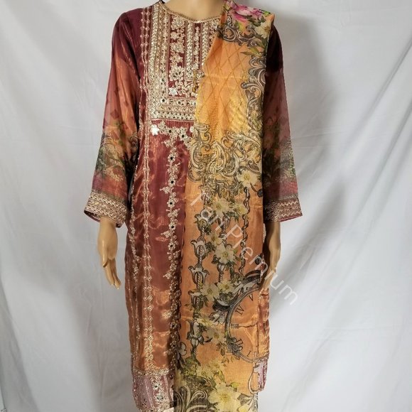 Pakistani Branded Fancy Embroidered Shaded Masuri 3-Piece Shalwar Kameez Orange - Picture 5 of 17